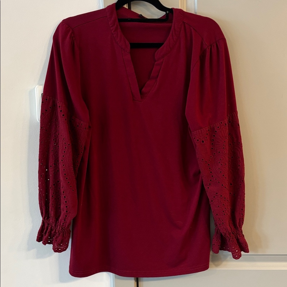 Chic Maroon Blouse with Lace Sleeves